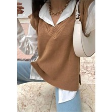 Zf Butik Kadın V Yaka Süveter Triko Kazak Camel