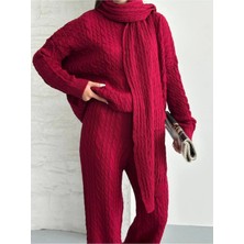 Zf Butik Kadın Triko Pantolon Alt Üst Takım Atkılı Saç Örgülü Örme Bordo