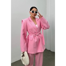 Zf Butik Kadın Oversize Blazer Ceket Pembe Kuşaklı Omuz Detaylı