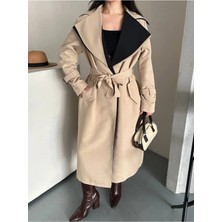 Zf Butik Kadın Bej Trençkot Yaka Premium Uzun Ceket