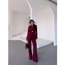 Zf Butik Kadın Bordo Tek Düğmeli Blazer Ceket Pantolon Takım