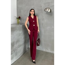 Zf Butik Kadın Bordo Düğme Detaylı Yelek Pantolon Ikili Takım