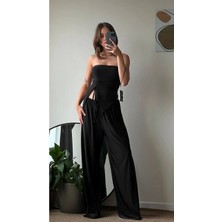 Zf Butik Kadın Siyah Straplez Bluz Pantolon Ikili Takım Büzgülü Salaş