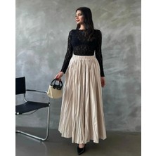 FLEX FASHION Kadın Mikro Uzun Etek Beli Lastikli Buruşuk Krem Dokuma Kumaş