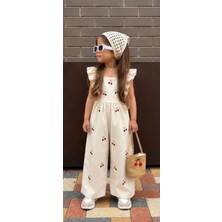 1Baby1Cat Kız Çocuk Krem Kiraz Nakışlı Fırfırlı Keten Tulum