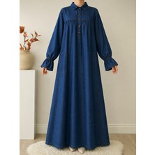 Oktayusta Collection Robalı Gömlek Yaka Geniş Cepli Yarım Pat Düğmeli Mevlana Kot Elbise