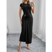 Alyn Wear Kadın Yarım Ay Kollu Yuvarlak Yaka Önünde Toka Detaylı Modal Maxi Elbise
