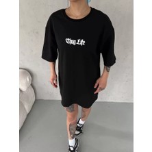 Oada Unisex Bisiklet Yaka Baskılı Oversize T-Shirt - Siyah