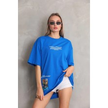 Oada Unisex Bisiklet Yaka Baskılı Oversize T-Shirt - Mavi