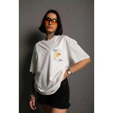 Oada Unisex Bisiklet Yaka Baskılı Oversize T-Shirt - Beyaz