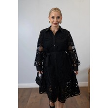 Muna Boutique Siyah Ithal Dantel Işlemeli Midi Boy Elbise