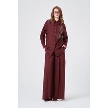 Ftz Women Kadın Zincir Işleme Tencel Keten Takım  Bordo 31374