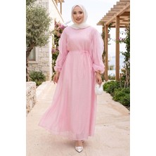Lab Kolları Fırfırlı Kuşaklı Tesettür Elbise Pembe