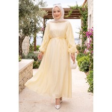 Lab Kolları Fırfırlı Kuşaklı Tesettür Elbise Sarı