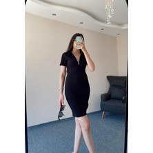Olbia Butik Kadın Siyah Toparlayıcı Kumaş Polo Yaka Elbise