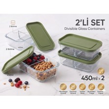 Le Paon 2'li Bölmeli Cam Saklama Kabı Seti - 450 ml Temperli Sızdırmaz Kapaklı Granola Yoğurt ve Diyet Kabı