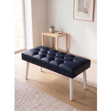Azra Mobilya Modern Kapitoneli Lacivert Deri Kumaş Bench Puf Oturma Bankı Ahşap Beyaz Ayaklı Demonte 90X45