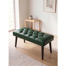 Azra Mobilya Modern Kapitoneli Yeşil Deri Kumaş Bench Puf Oturma Bankı Ahşap Siyah Ayaklı Demonte 90X45