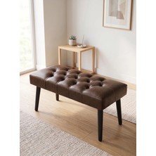 Azra Mobilya Modern Kapitoneli Acı Kahve Deri Kumaş Bench Puf Oturma Bankı Ahşap Siyah Ayaklı Demonte 90X45