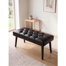 Azra Mobilya Modern Kapitoneli Siyah Deri Kumaş Bench Puf Oturma Bankı Ahşap Siyah Ayaklı Demonte 90X45