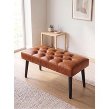 Azra Mobilya Modern Kapitoneli Taba Deri Kumaş Bench Puf Oturma Bankı Ahşap Siyah Ayaklı Demonte 90X45