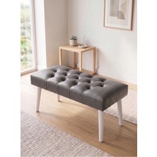 Azra Mobilya Modern Kapitoneli Gri Deri Kumaş Bench Puf Oturma Bankı Ahşap Beyaz Ayaklı Demonte 90X45