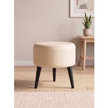 Azra Mobilya Modern Krem Deri Puf Tabure Ahşap Siyah Ayaklı Yuvarlak Puf 40X42 cm