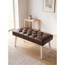 Azra Mobilya Modern Kapitoneli Acı Kahve Deri Kumaş Bench Puf Oturma Bankı Ahşap Beyaz Ayaklı Demonte 90X45