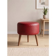Azra Mobilya Modern Kırmızı Deri Puf Tabure Ahşap Ceviz Ayaklı Yuvarlak Puf 40X42 cm