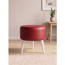 Azra Mobilya Modern Kırmızı Deri Puf Tabure Ahşap Beyaz Ayaklı Yuvarlak Puf 40X42 cm