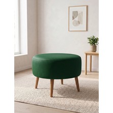 Azra Mobilya Modern Yeşil Deri Puf Yuvarlak Oturma Pufu Ahşap Ceviz Ayaklı Demonte 60X46 cm