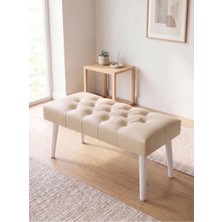 Azra Mobilya Modern Kapitoneli Krem Deri Kumaş Bench Puf Oturma Bankı Ahşap Beyaz Ayaklı Demonte 90X45
