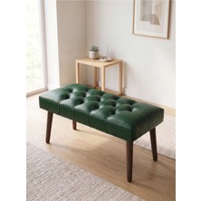 Azra Mobilya Modern Kapitoneli Yeşil Deri Kumaş Bench Puf Oturma Bankı Ahşap Ceviz Ayaklı Demonte 90X45