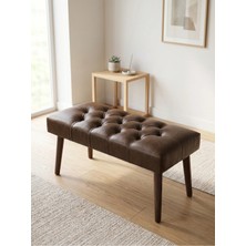 Azra Mobilya Modern Kapitoneli Acı Kahve Deri Kumaş Bench Puf Oturma Bankı Ahşap Ceviz Ayaklı Demonte 90X45