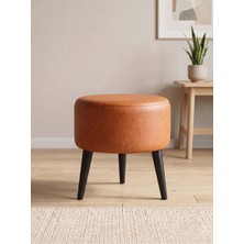 Azra Mobilya Modern Taba Deri Puf Tabure Ahşap Siyah Ayaklı Yuvarlak Puf 40X42 cm