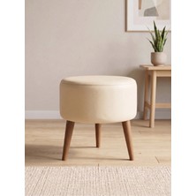 Azra Mobilya Modern Gri Deri Puf Tabure Ahşap Ceviz Ayaklı Yuvarlak Puf 40X42 cm