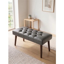 Azra Mobilya Modern Kapitoneli Gri Deri Kumaş Bench Puf Oturma Bankı Ahşap Ceviz Ayaklı Demonte 90X45