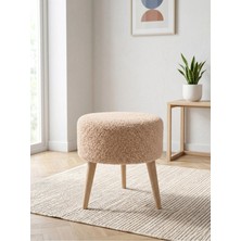 Azra Mobilya Cappucino Welsoft Kumaş Yuvarlak Puf Ahşap Ayaklı Demonte Modern Puf Tabure 40X42 cm