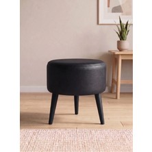 Azra Mobilya Modern Siyah Deri Puf Tabure Ahşap Siyah Ayaklı Yuvarlak Puf 40X42 cm