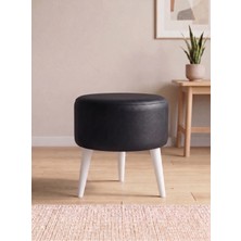 Azra Mobilya Modern Siyah Deri Puf Tabure Ahşap Beyaz Ayaklı Yuvarlak Puf 40X42 cm
