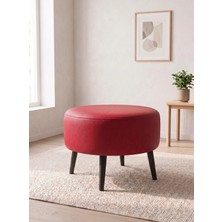 Azra Mobilya Modern Kırmızı Deri Puf Yuvarlak Oturma Pufu Ahşap Siyah Ayaklı Demonte 60X46 cm