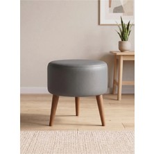 Azra Mobilya Modern Gri Deri Puf Tabure Ahşap Ceviz Ayaklı Yuvarlak Puf 40X42 cm