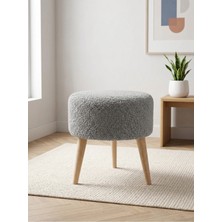 Azra Mobilya Açık Gri Welsoft Kumaş Yuvarlak Puf Ahşap Ayaklı Demonte Modern Puf Tabure 40X42 cm