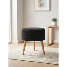 Azra Mobilya Antrasit Welsoft Kumaş Yuvarlak Puf Ahşap Ayaklı Demonte Modern Puf Tabure 40X42 cm