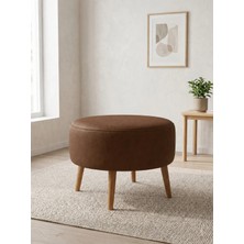 Azra Mobilya Modern Acı Kahve Deri Puf Yuvarlak Oturma Pufu Ahşap Ceviz Ayaklı Demonte 60X46 cm