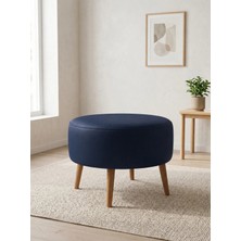 Azra Mobilya Modern Lacivert Deri Puf Yuvarlak Oturma Pufu Ahşap Ceviz Ayaklı Demonte 60X46 cm