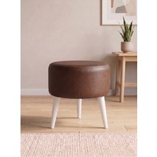 Azra Mobilya Modern Acı Kahve Deri Puf Tabure Ahşap Beyaz Ayaklı Yuvarlak Puf 40X42 cm