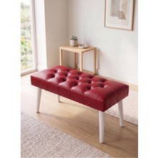 Azra Mobilya Modern Kapitoneli Kırmızı Deri Kumaş Bench Puf Oturma Bankı Ahşap Beyaz Ayaklı Demonte 90X45