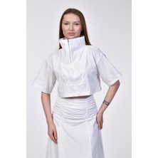 Bebe Plus Geometrik Dikiş Detaylı Beyaz Crop Bluz  - Beyaz Beyaz - S