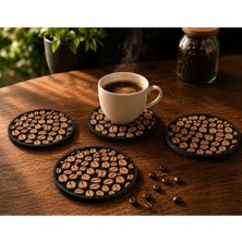 Aksefuar Lazer 4 Adet Kahve Çekirdeği Desenli Bardak Altlığı 8 cm | Dekoratif Kahve Temalı Kupa Altlığı
